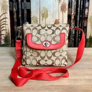 Coach Signature Canvas Crossbody Bag with Red Trim
